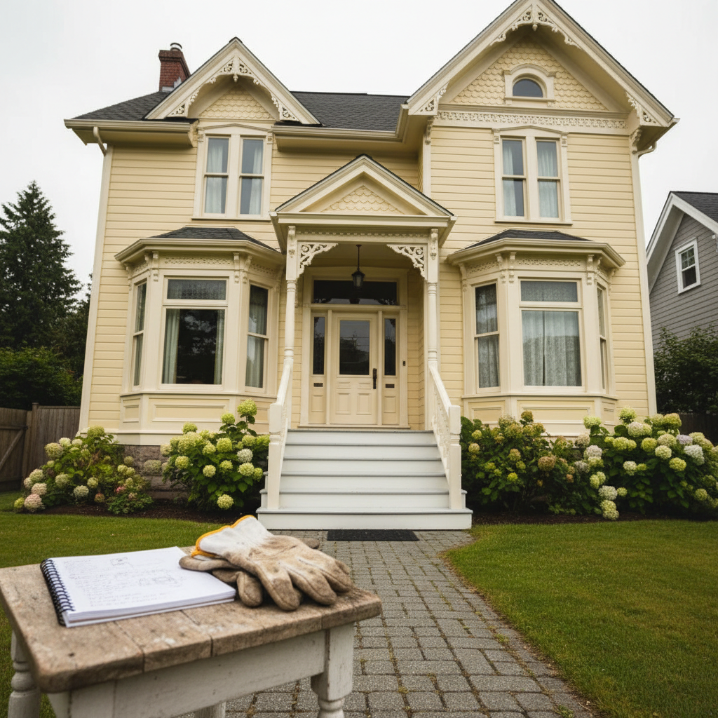 A cozy, well-kept Victoria, BC heritage home with freshly washed pale yellow siding, detailed wood trim, and spotless front steps, presented as the centerpiece of a subtle visual “founder story.” In the foreground, on a small wooden side table near the entry, rests an open, well-used notebook and a pair of non-branded work gloves, suggesting the careful, hands-on origins of the business without showing a person. The camera is set at a gentle angle from the walkway, with the home in focus and the objects slightly foregrounded. Soft, bright overcast light creates an honest, down-to-earth mood. Photographic realism with a warm, local, small-business feel highlighting care and dedication.