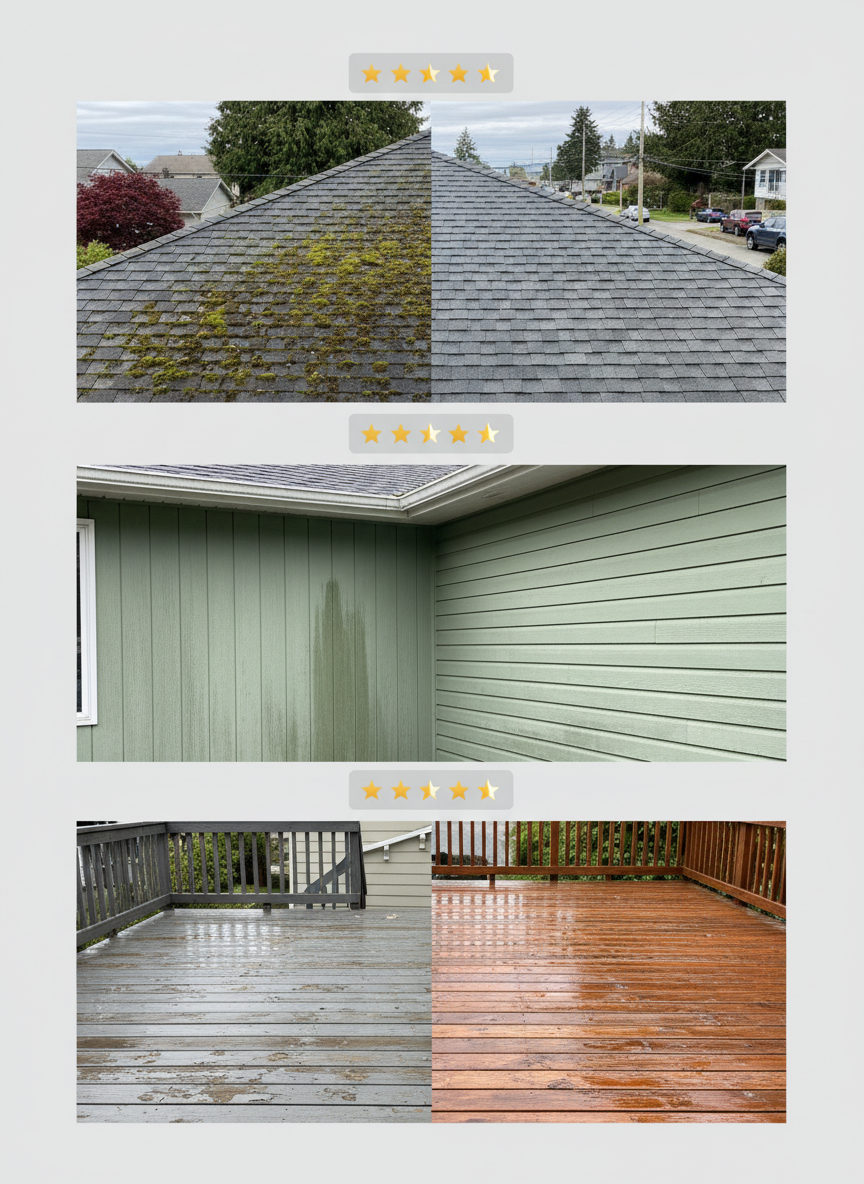 A tasteful photographic collage-style composition showing three separate rectangular panels of Victoria, BC properties: a moss-covered roof now clean and uniform, a once-green vinyl siding wall now bright and even, and a weathered deck restored to a rich wood tone. Between the panels, subtle graphical dividers mimic review cards without using text, featuring five small, glowing star icons represented as simple golden shapes. The background is a soft-focus image of a coastal neighborhood street. Neutral daylight keeps colors accurate, and the overall layout feels clean and modern. The mood emphasizes local trust, consistent results, and satisfied customers through clear, visual proof instead of words or people.