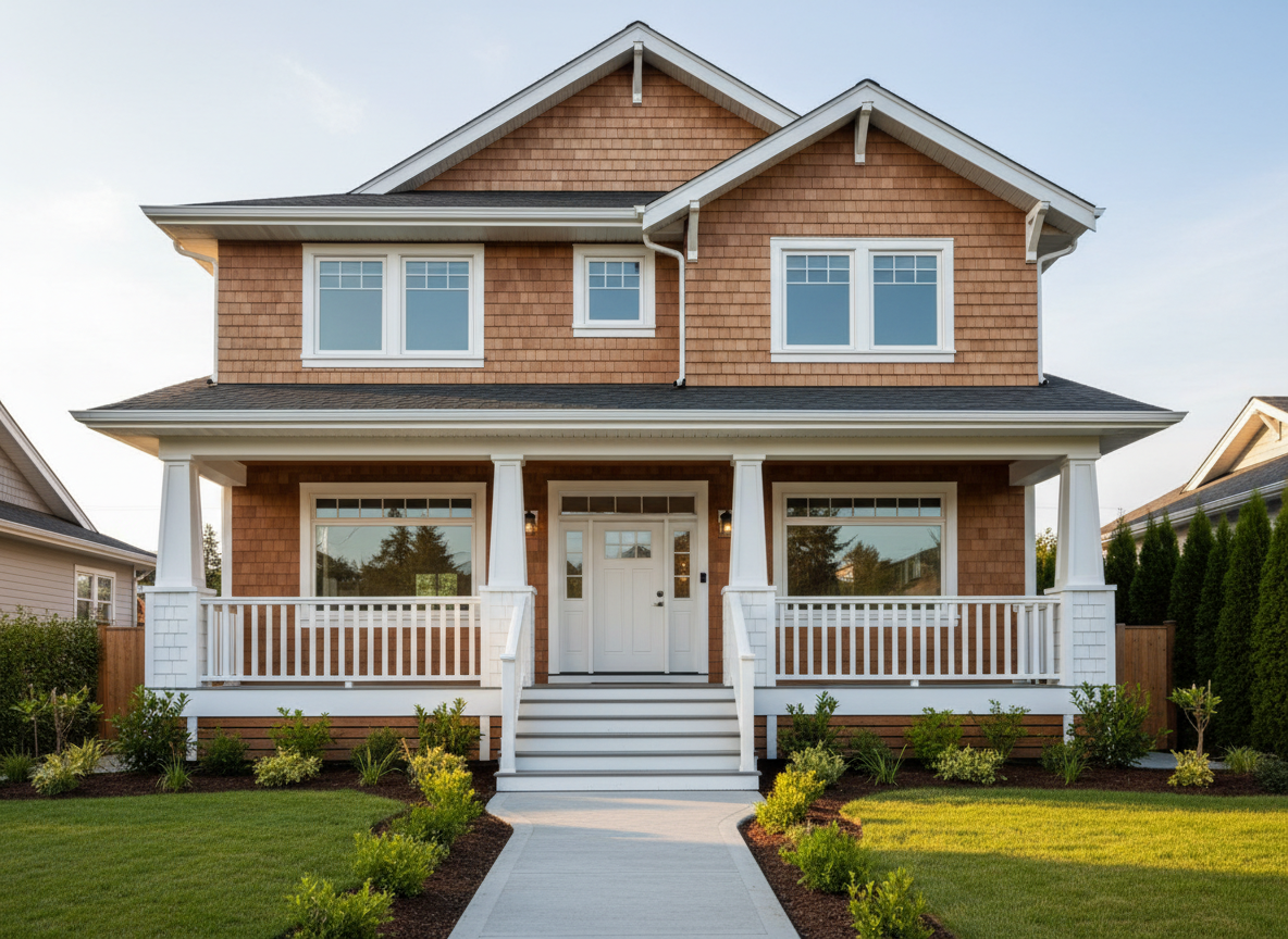 A spotless two-story Victoria, BC craftsman-style home with freshly washed cedar shake accents, immaculate white trim, and crystal-clear, streak-free windows. The front steps and railings look newly cleaned, with no algae or dirt, leading down to a renewed concrete walkway edged by neat native plantings. The scene is framed as a wide, slightly elevated shot from the sidewalk, with the home centered and the yard drawing the eye inward. Soft late-afternoon coastal sunlight adds a warm, inviting glow to the façade while keeping shadows gentle. Photographic realism, professional real-estate style composition, conveying local trust, pride in workmanship, and a friendly, reliable service feel without showing people.