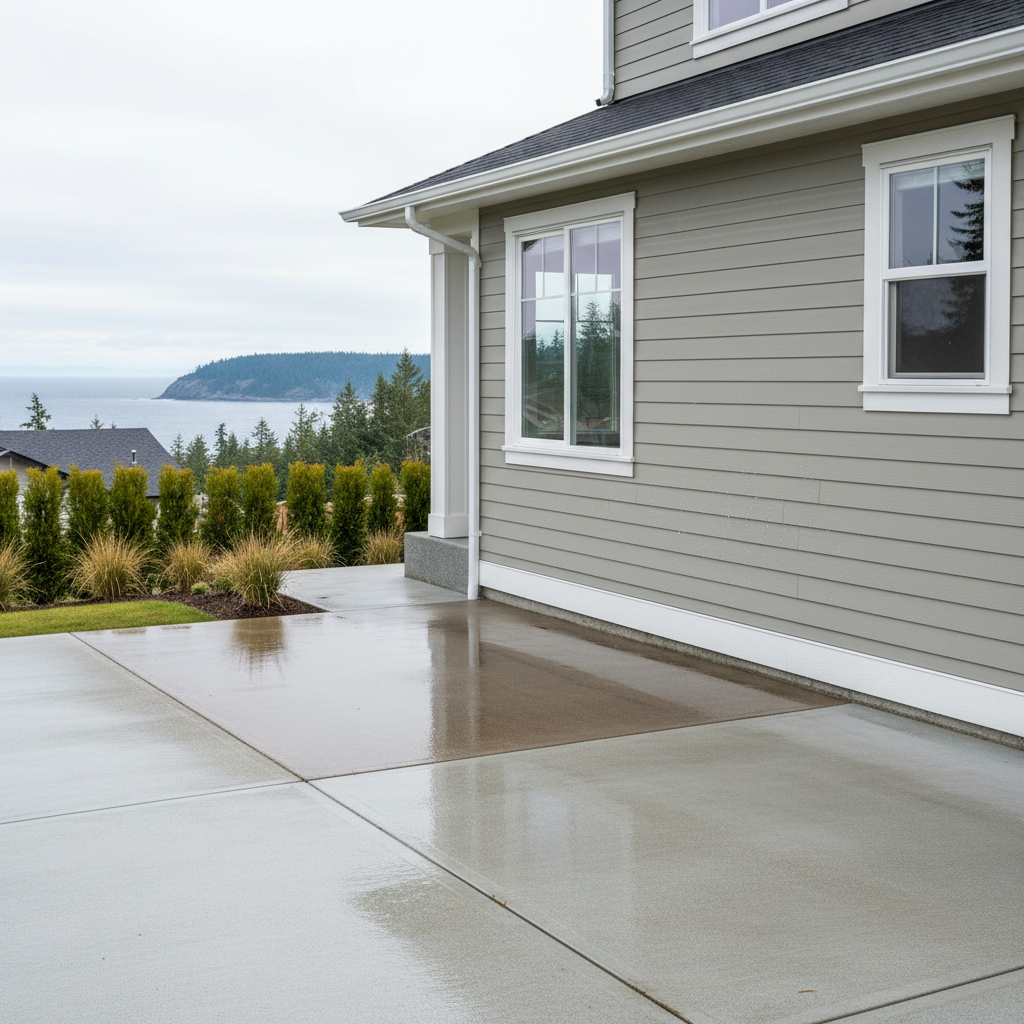 A freshly cleaned suburban home exterior in Victoria, BC, featuring light grey Hardie plank siding, bright white trim, and a spotless concrete driveway that subtly reflects the overcast sky. Tiny water beads glisten on the siding, showing the recent soft-wash. In the foreground, a section of the driveway remains slightly darker and dusty, hinting at a subtle “before” area beside the gleaming “after” surface. The house sits on a tidy, coastal-style lot with low cedar hedges and a glimpse of distant ocean and evergreens. Photographic realism, eye-level angle, sharp focus throughout, with soft diffused daylight creating a calm, trustworthy mood and clean, professional aesthetic.