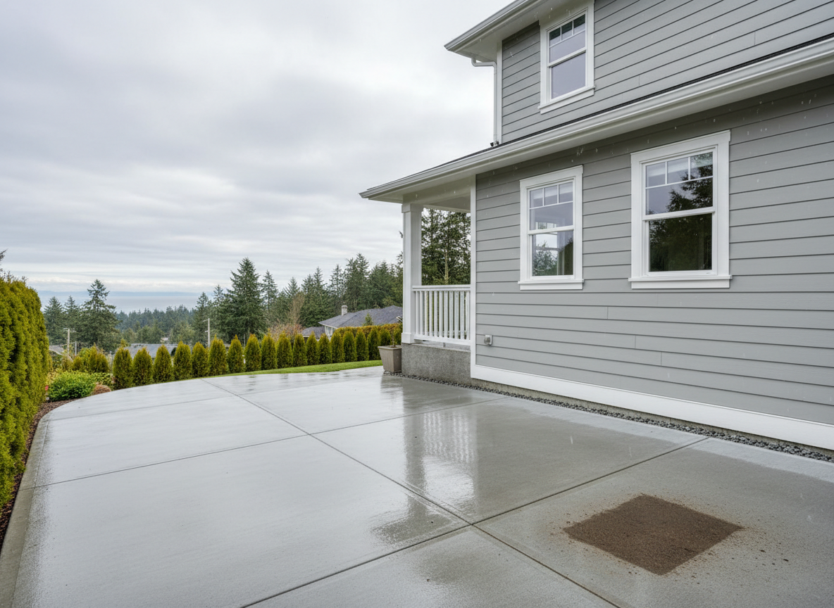 A freshly cleaned suburban home exterior in Victoria, BC, featuring light grey Hardie plank siding, bright white trim, and a spotless concrete driveway that subtly reflects the overcast sky. Tiny water beads glisten on the siding, showing the recent soft-wash. In the foreground, a section of the driveway remains slightly darker and dusty, hinting at a subtle “before” area beside the gleaming “after” surface. The house sits on a tidy, coastal-style lot with low cedar hedges and a glimpse of distant ocean and evergreens. Photographic realism, eye-level angle, sharp focus throughout, with soft diffused daylight creating a calm, trustworthy mood and clean, professional aesthetic.