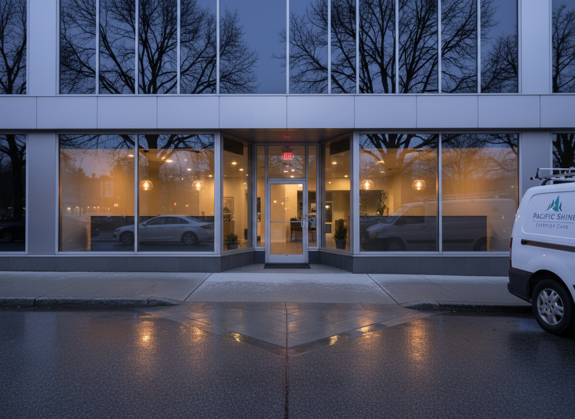 A Victoria, BC commercial storefront—modern glass and aluminum façade—freshly cleaned so thoroughly that reflections of nearby trees and parked cars appear crisp and undistorted in the windows. The sidewalk and entrance pavers look newly pressure washed, with even color and no gum spots or stains. A small, non-branded service vehicle is parked at the edge of the frame, subtly suggesting a local exterior cleaning company. The scene is captured at blue-hour evening with interior lights softly glowing behind the glass, creating a contrast between the bright, clean surfaces and the cool outdoor light. Photographic realism, eye-level, symmetrical framing, projecting professionalism, reliability, and high-quality exterior care for local businesses.