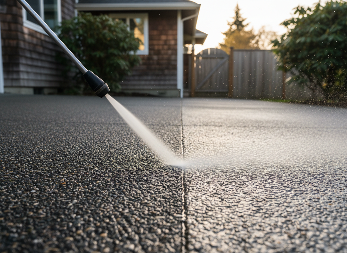A close-up photographic shot of a pressure washer nozzle rinsing years of grime from a textured aggregate driveway in a Victoria, BC neighborhood. The water jet creates a clean, sharp stripe through the middle: one side dark, stained, and dull, the other side fresh, lighter, and slightly reflective, with tiny pebbles clearly visible. The surrounding environment shows a blurred backdrop of a coastal-style home, cedar fence, and leafy shrubs. Captured from a low, side angle with shallow depth of field, morning light catching droplets and creating tiny highlights. The mood is precise and satisfying, emphasizing careful attention to detail and the effectiveness of professional exterior cleaning.