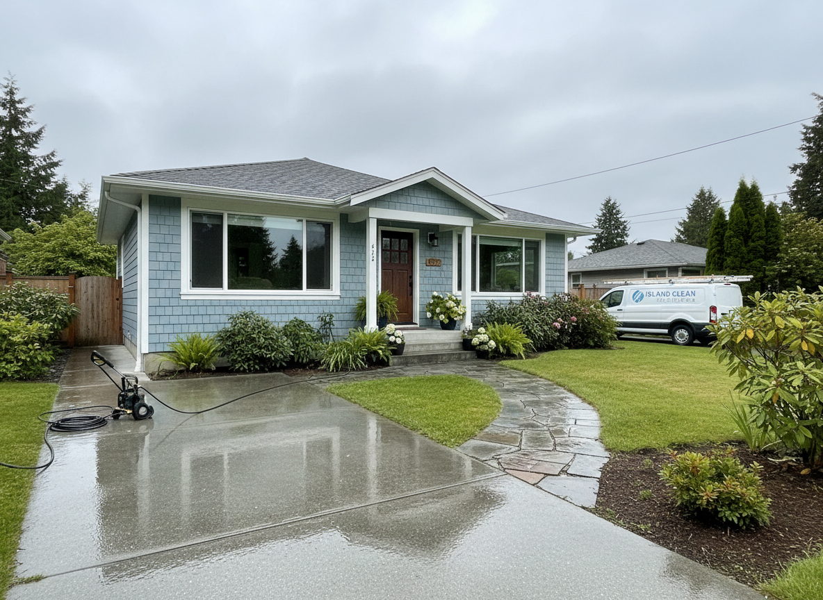 A real photograph of a residential house exterior on Vancouver Island, BC. The siding is clean and bright after professional pressure washing. Shot from the curb on an overcast day, showing the full front of a typical West Coast bungalow with clean concrete driveway and walkway. Natural lighting, no dramatic effects, looks like a genuine job site photo taken on a phone or camera. Photorealistic, not staged, no split screen, no before/after composition.