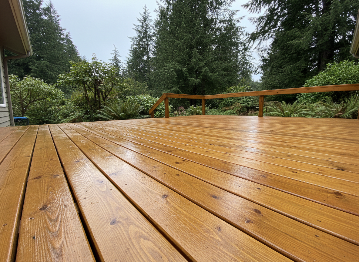A realistic photo of a residential wood deck or patio on Vancouver Island, BC, after professional pressure washing. The deck boards are clean and bright, with natural wood grain showing. Shot from a low angle at deck level, looking across the surface. Overcast Pacific Northwest daylight, no harsh shadows. Looks like it was taken on a phone by a tradesperson after finishing the job — not staged, not AI-looking. No people, no branding, no split screen. Photorealistic.