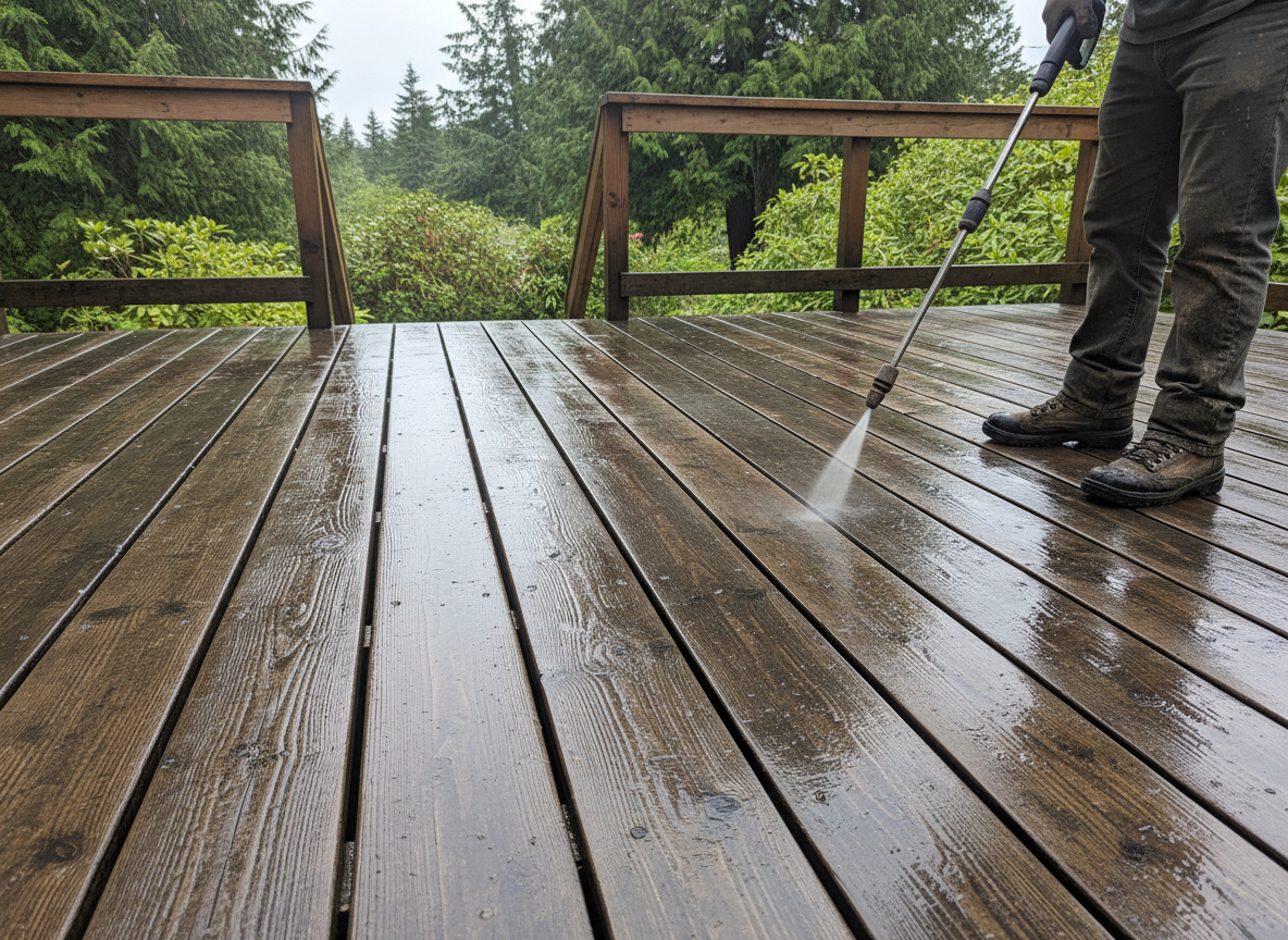 A real-looking photo of a residential wooden deck after professional pressure washing on Vancouver Island, BC. The deck boards are wet and clean, showing the natural grain of the wood. Shot from a low angle looking along the length of the deck. A pressure washer wand is visible in the corner of the frame, held by someone in work boots. Overcast natural daylight, no dramatic lighting. Looks like it was taken on a phone by a tradesperson on the job — slightly imperfect framing, authentic and unglamorous. No AI glow, no perfect symmetry.