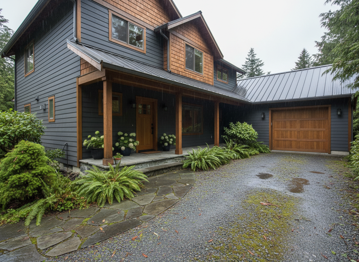A photo-realistic image of a clean residential home exterior on Vancouver Island, BC. No people. The house has typical West Coast architecture — wood or fiber cement siding, a covered porch, surrounded by natural Pacific Northwest landscaping. Overcast natural daylight, slightly wet from rain. Shot from the front at street level, like someone took it with a phone. Natural imperfections — slight weathering on the siding, real garden plants, uneven driveway. No AI tells, no perfect symmetry, no HDR glow, no staged lighting. Authentic and candid looking.