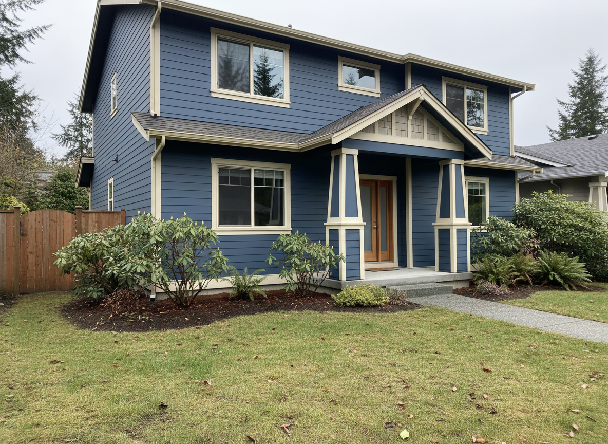 A real-looking photograph of a typical West Coast Canadian house exterior — single-story rancher or two-story Craftsman style, wood siding or fiber cement, natural muted colors like grey, beige, or navy. The siding looks freshly cleaned, no dirt streaks or algae. Overcast Pacific Northwest daylight, no harsh shadows. Shot from the front yard at eye level, slightly off-center. No people, no vehicles, no reflections. Looks like a candid job-site photo taken on a smartphone or DSLR — not staged, not rendered, not AI. Natural imperfections in the siding, real grass, real garden beds.